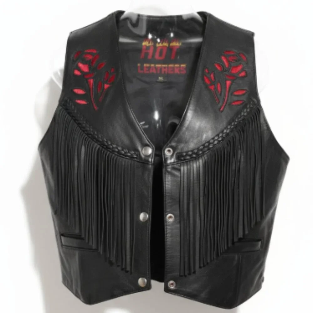 Hot Leathers Womens Fringe Leather Vest M Black Red Rose Lace UP Sides Snaps EUC - Picture 6 of 16